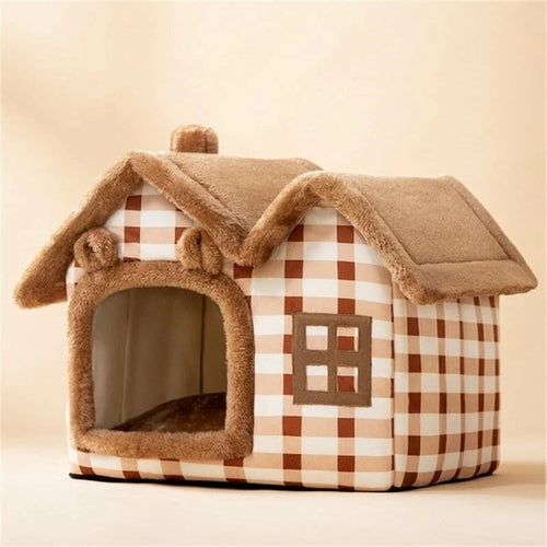 ArtElement Removable Roof Plush Pet House in Brown, displayed with its roof detached to showcase versatility.