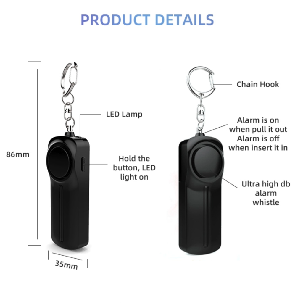 Emergency alarm with loud siren and built-in LED light for visibility