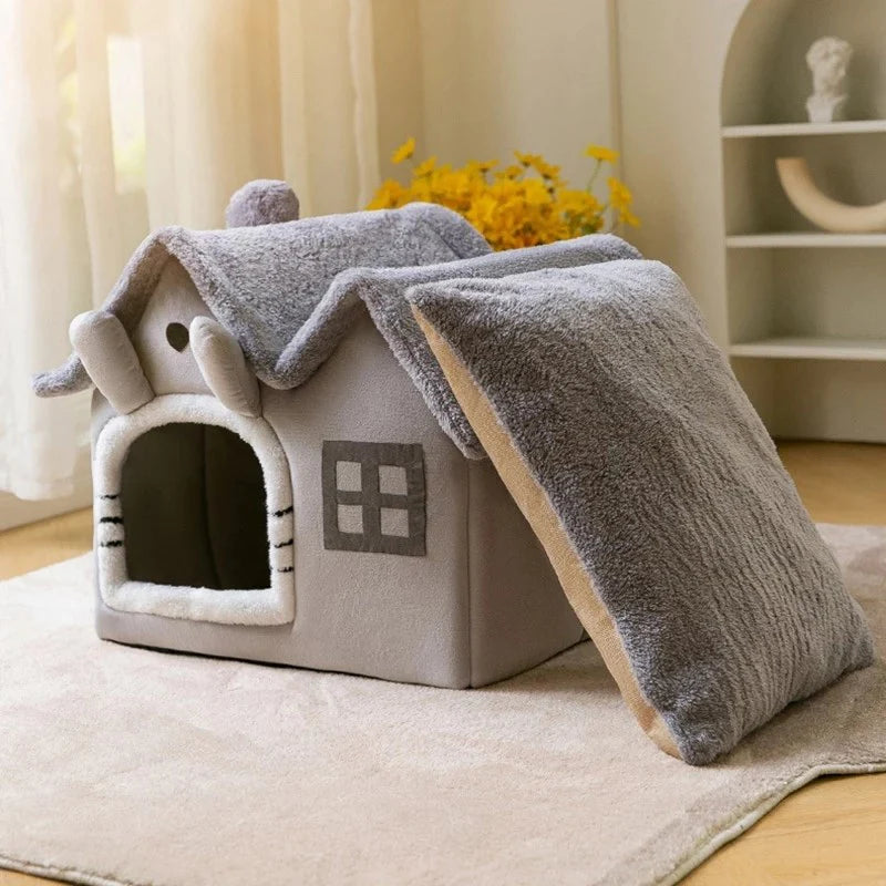 Side view of the pet house in Gray, emphasizing its stylish and durable construction.