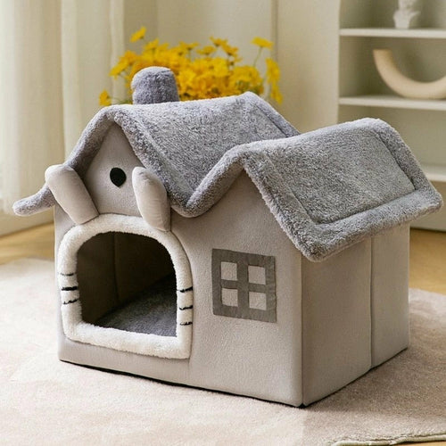 ArtElement Removable Roof Plush Pet House in Gray, displayed with its roof detached to showcase versatility.