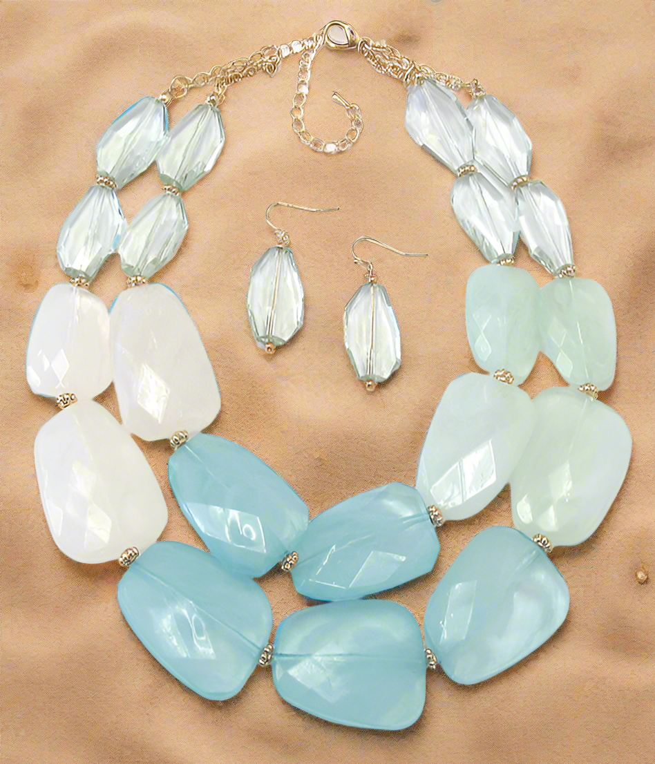 Coastal multi color Facet Resin Double chain necklace with earrings