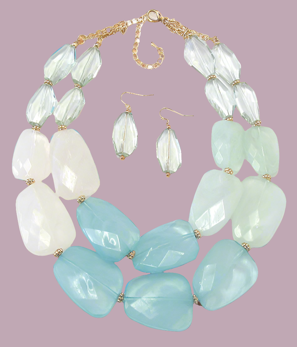 Coastal multi color Facet Resin Double chain necklace with earrings