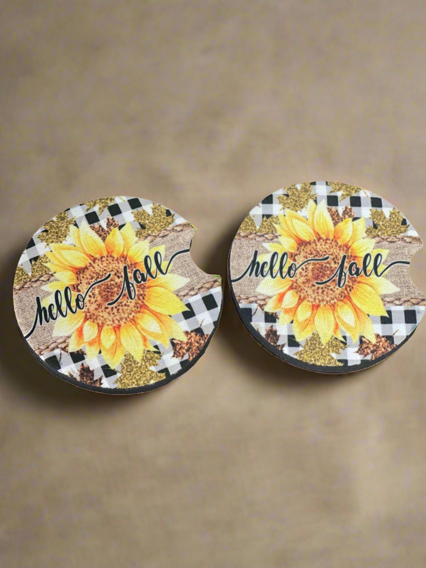 Hello Fall Sunflower Neoprene Car Coaster Set