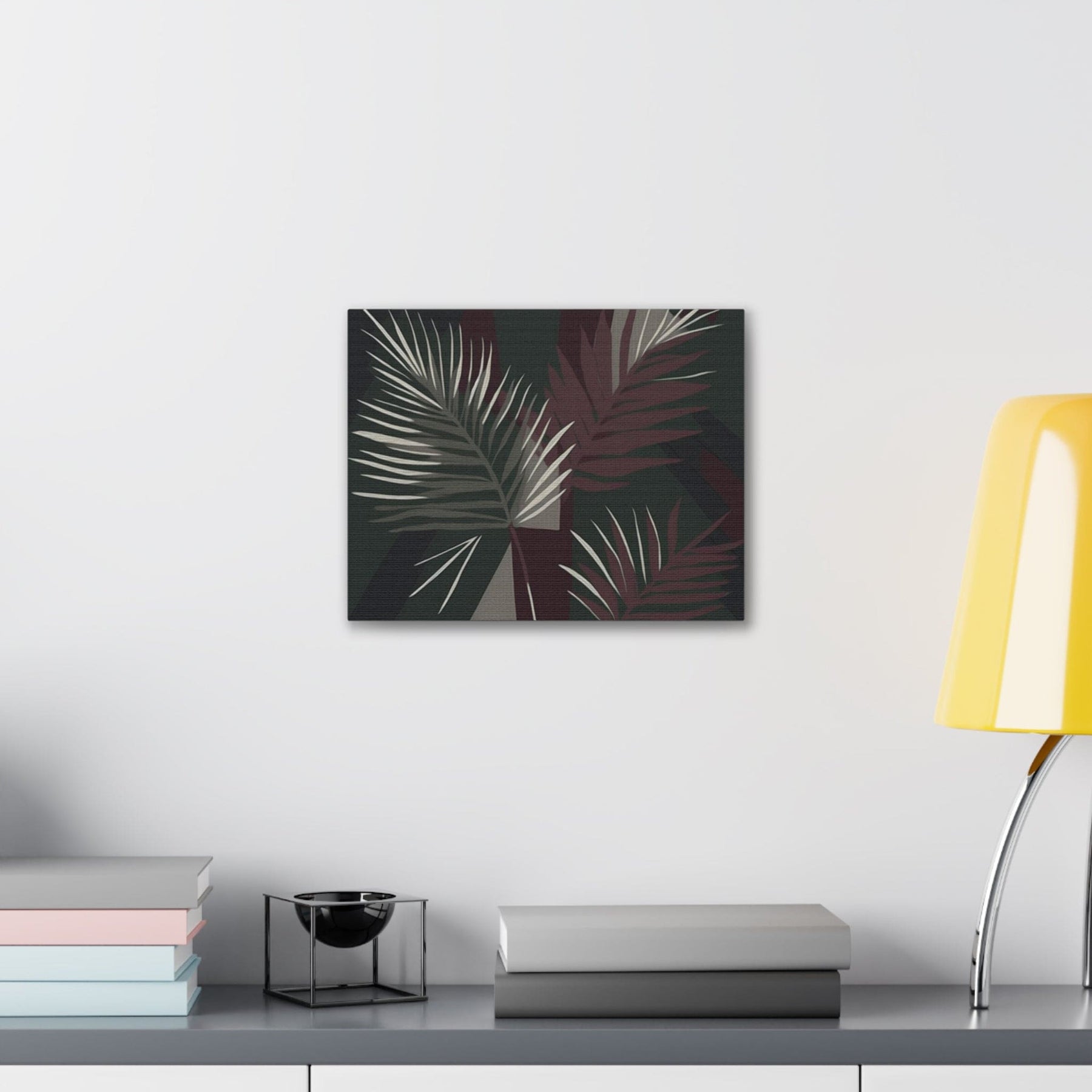 Canvas Wall Art Decor, Palm Tree Leaves Maroon Green Background - ArtElement