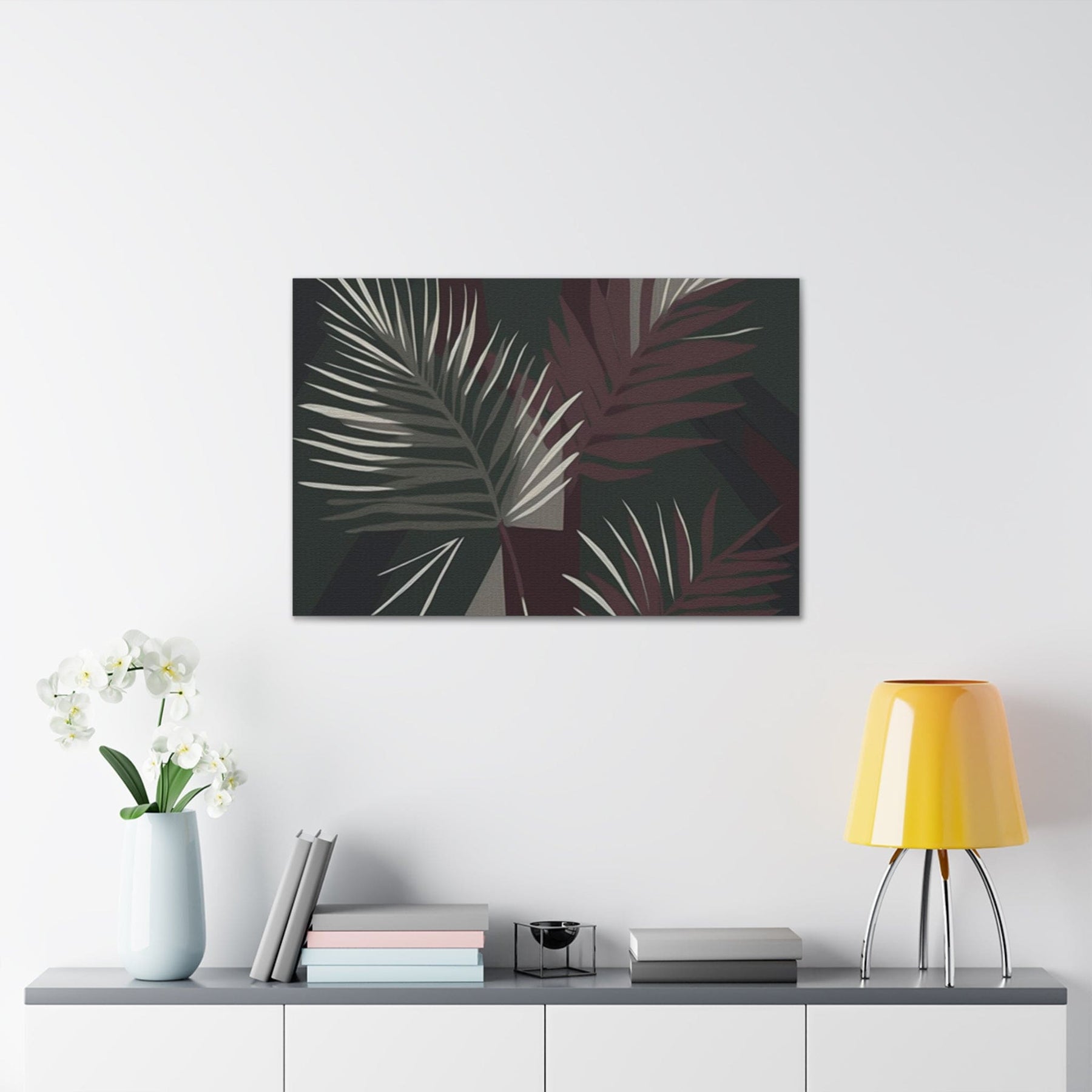 Canvas Wall Art Decor, Palm Tree Leaves Maroon Green Background - ArtElement