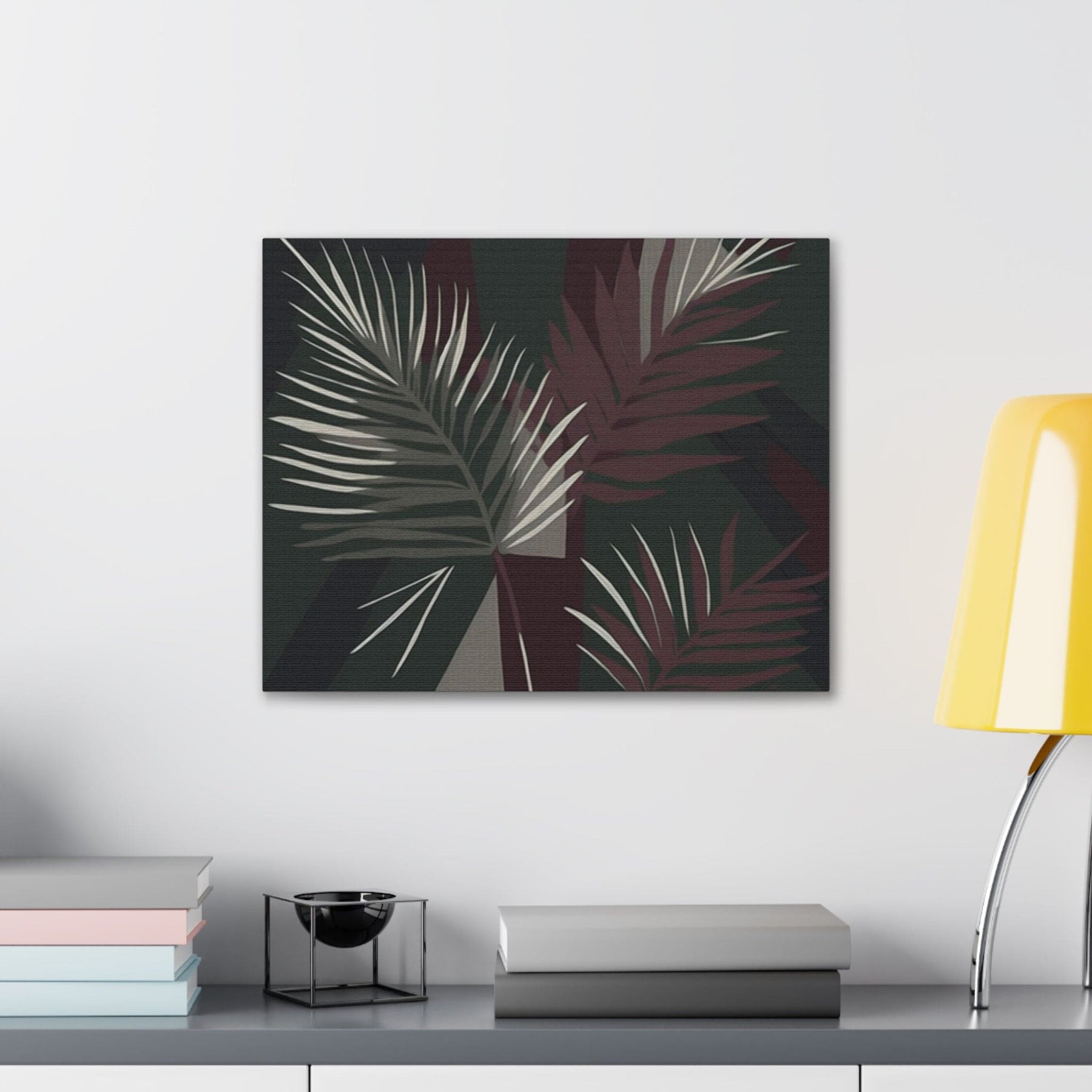 Canvas Wall Art Decor, Palm Tree Leaves Maroon Green Background - ArtElement