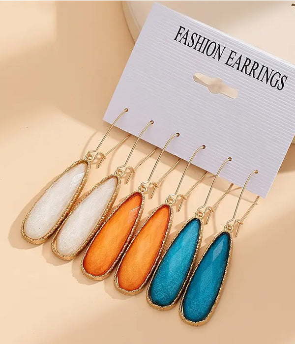 3 PAIR GEOMETRIC RESIN TEARDROP EARRING