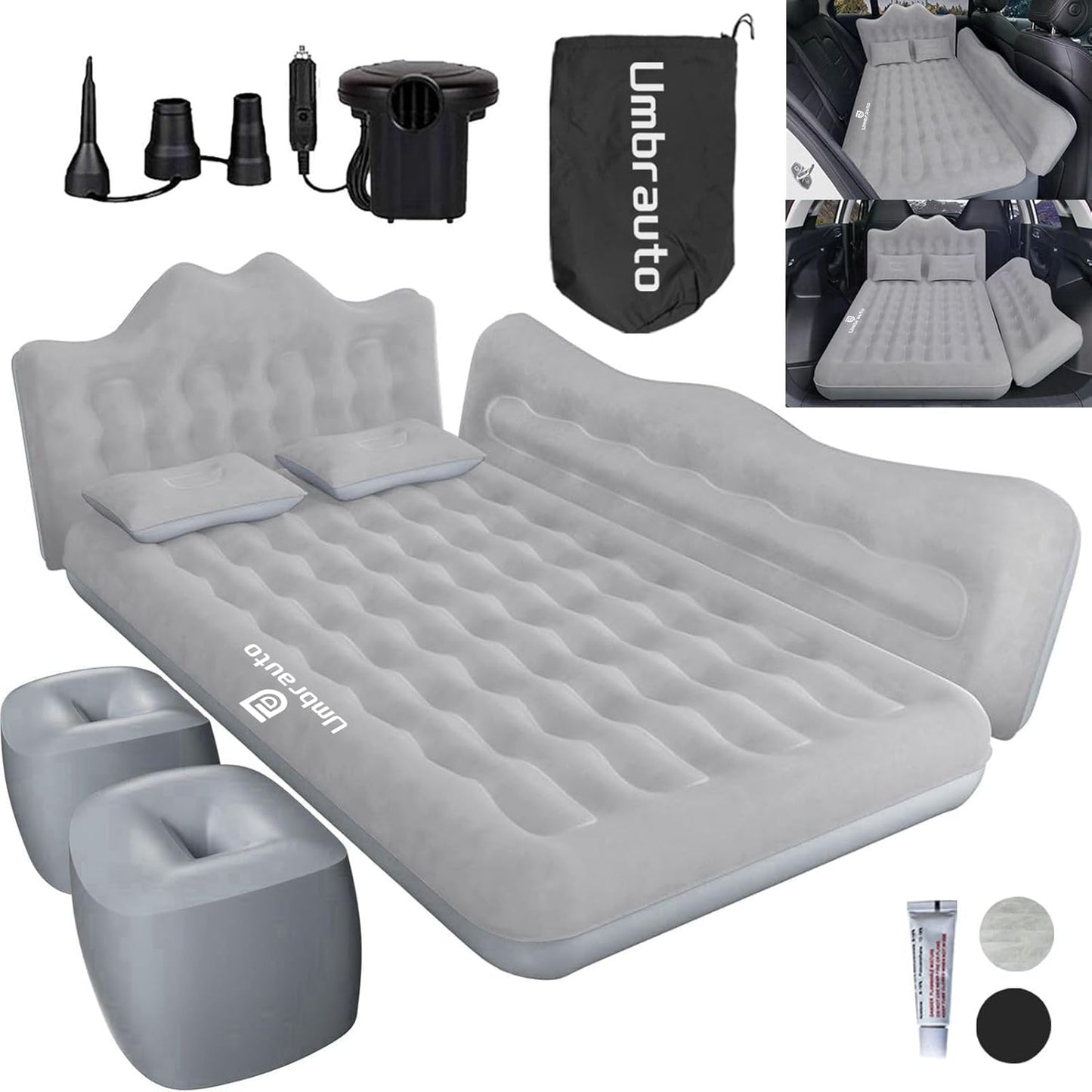 Umbrauto 75 cm breite aufblasbare Auto-Luftmatratze für SUV, LKW und Transporter, Rücksitz-Campingbett mit Pumpe und Kissen, Grau