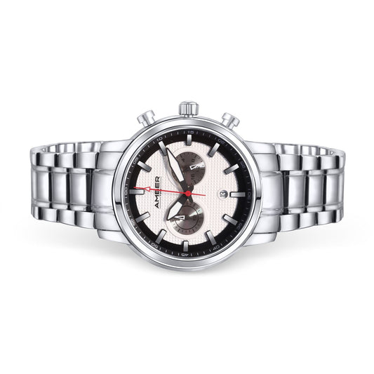 Elegant chronograph watch featuring a solid stainless steel bracelet