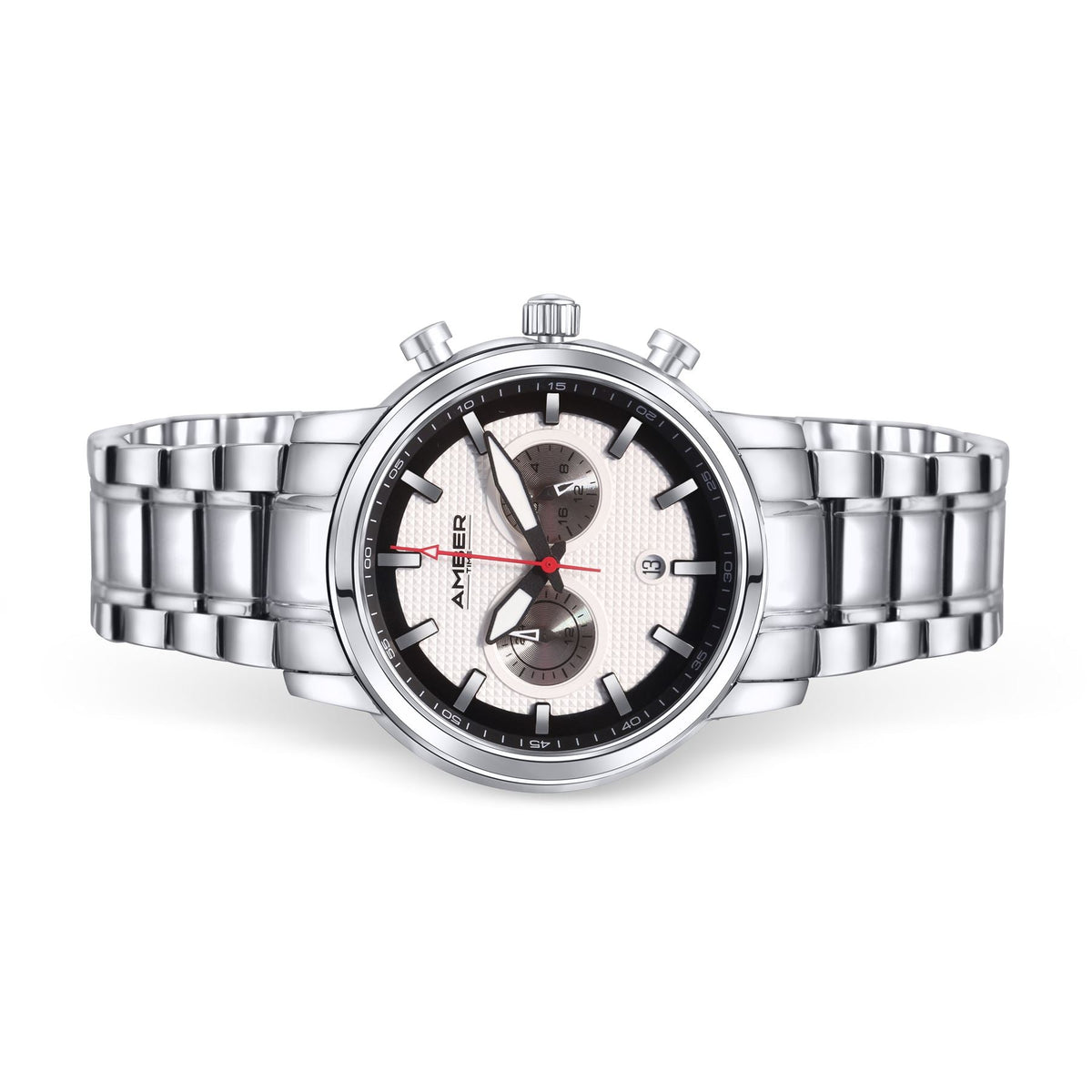 Elegant chronograph watch featuring a solid stainless steel bracelet