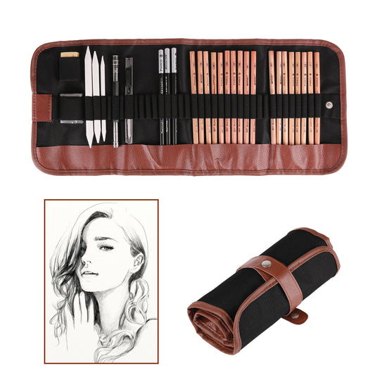 ArtElement Pen Charcoal Sketch Set displayed in an open case, showcasing all 18 tools neatly arranged.