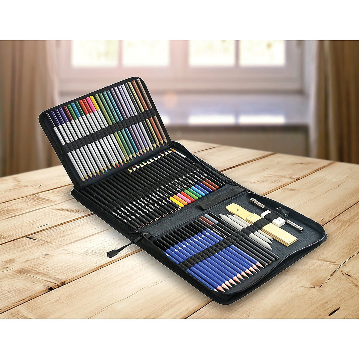 ArtElement’s Sketch Pencils & Charcoal Set displayed neatly in a black case, showcasing all tools.