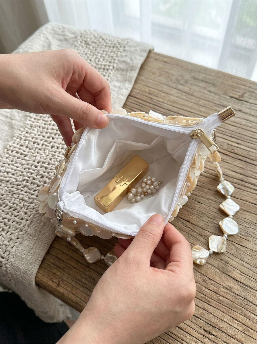 Luxuriöse handgefertigte Clutch mit Perlmutt-Disc für besondere Anlässe und Sommerurlaube