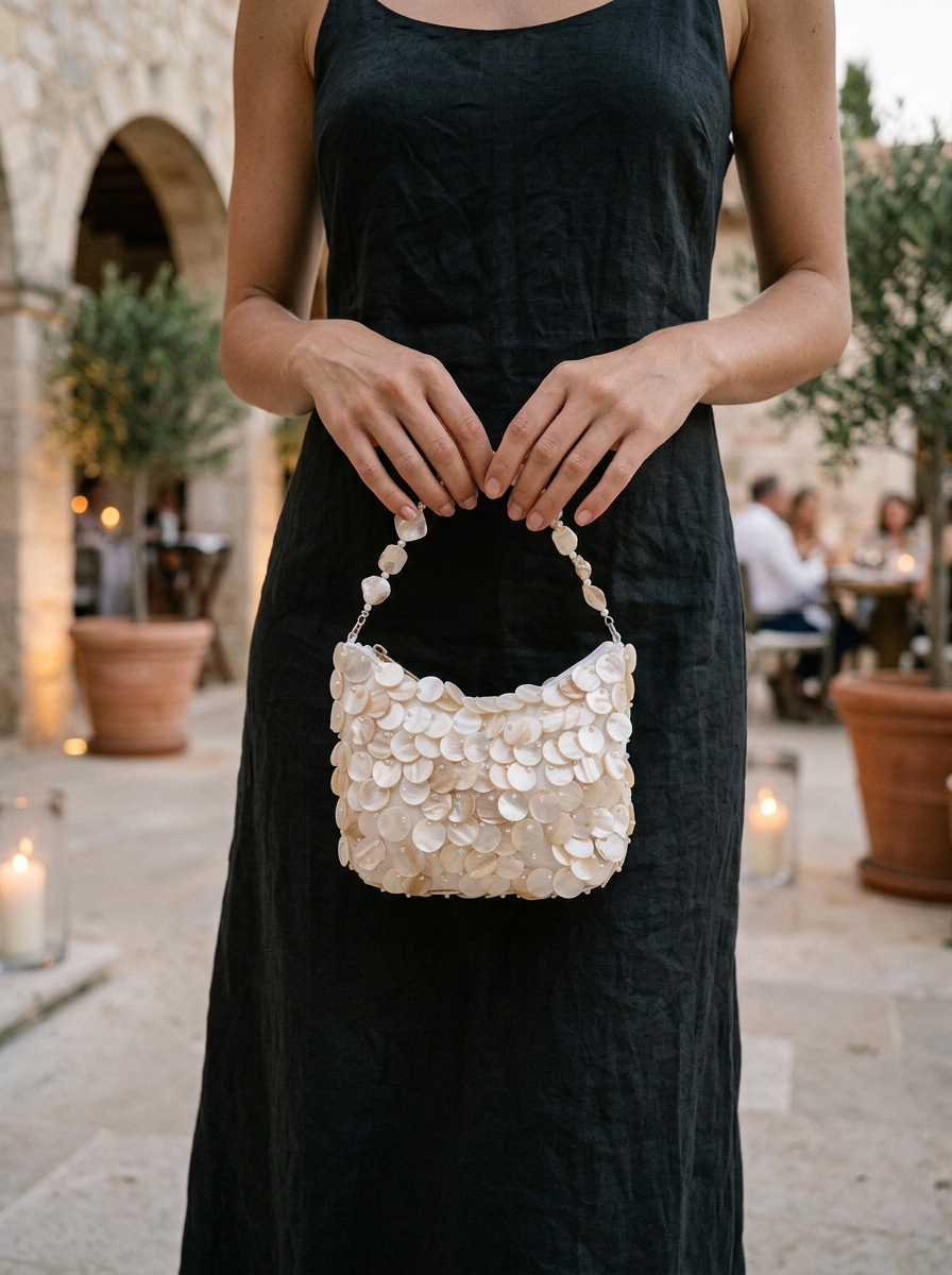 Luxuriöse handgefertigte Clutch mit Perlmutt-Disc für besondere Anlässe und Sommerurlaube