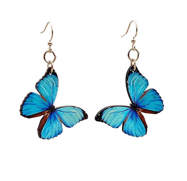Close-up of Blue Butterfly Earrings with vibrant full-color design.