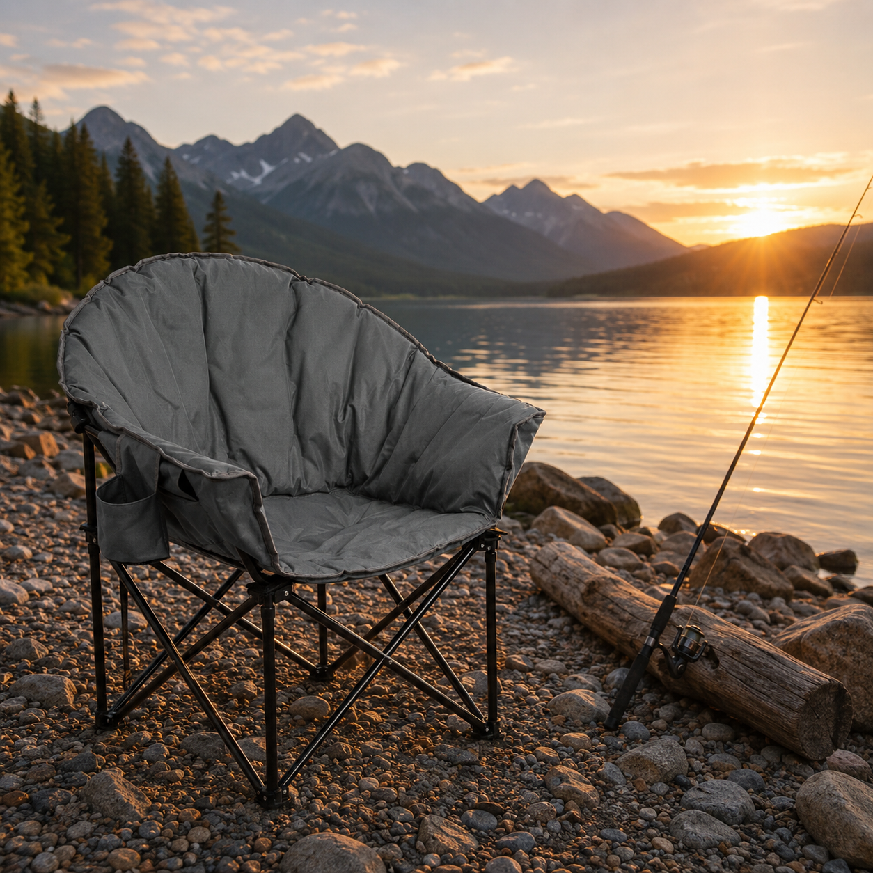 Folding Camping Moon Padded Chair with Carrying Bag-Gray