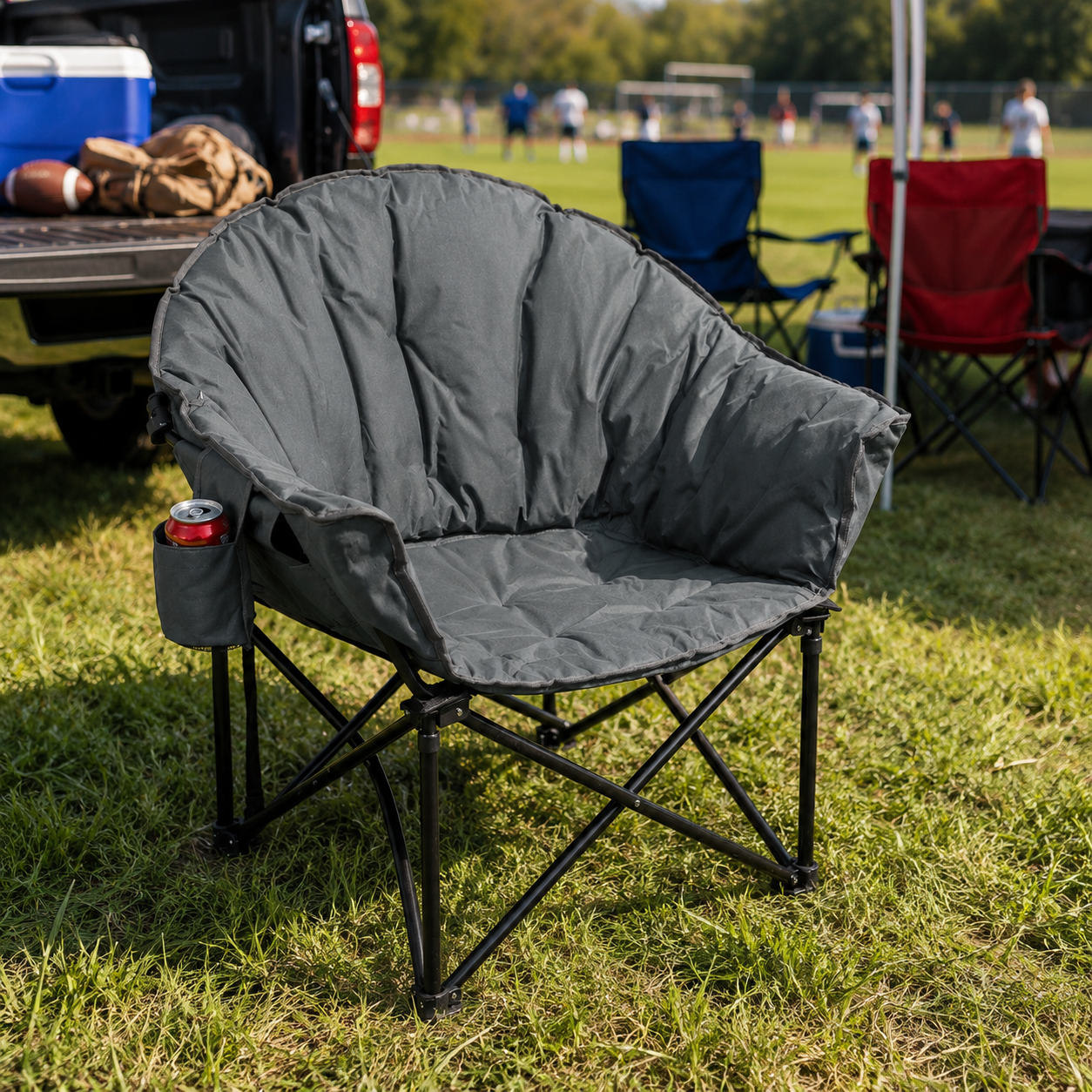 Folding Camping Moon Padded Chair with Carrying Bag-Gray