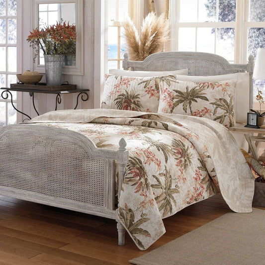Full / Queen Cotton Coastal Palm Tree Floral 3 Piece Reversible Quilt