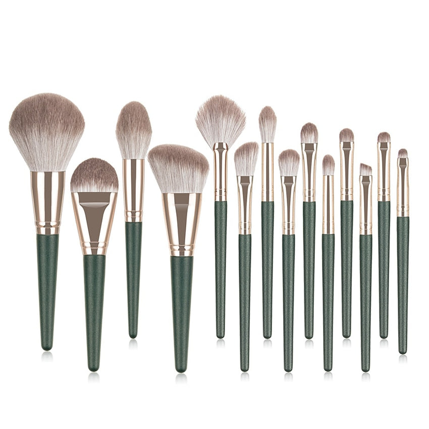 14-Piece Professional Makeup Brush Set – Green Cloud Design | Soft Bristles for Flawless Application - ArtElement 