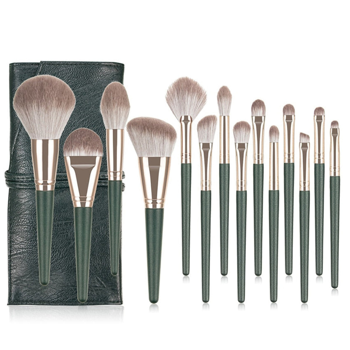 A stylish 14-piece makeup brush set with soft, high-quality bristles and a sleek wooden handle in a vibrant green color—perfect for flawless application of foundation, blush, eyeshadow, and more.