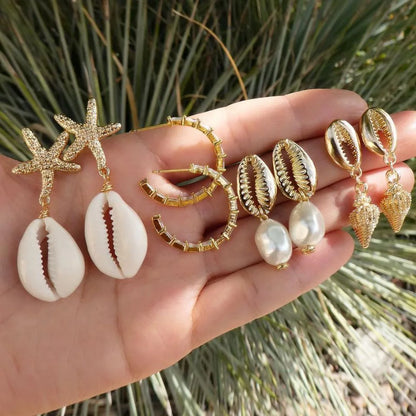 Bohemia Muschel Seestern baumelnde Ohrring-Set für Damen Sommer Strand Perle Muschel Tropfen Geometrische Ohrringe Mädchen Mode Schmuck