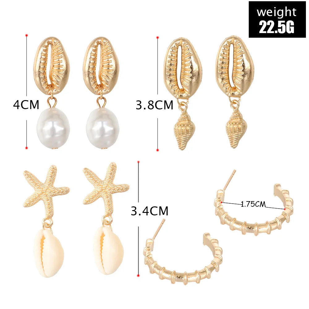 Bohemia Muschel Seestern baumelnde Ohrring-Set für Damen Sommer Strand Perle Muschel Tropfen Geometrische Ohrringe Mädchen Mode Schmuck