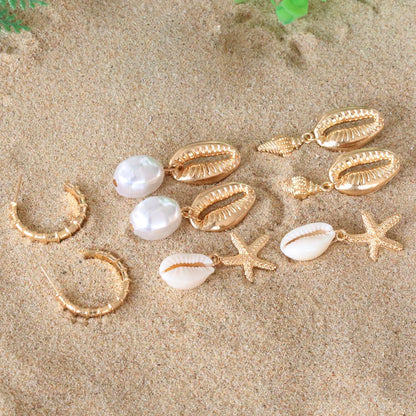 Bohemia Muschel Seestern baumelnde Ohrring-Set für Damen Sommer Strand Perle Muschel Tropfen Geometrische Ohrringe Mädchen Mode Schmuck
