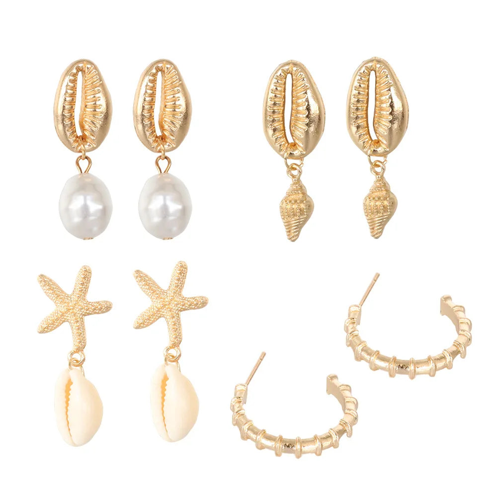 Bohemia Muschel Seestern baumelnde Ohrring-Set für Damen Sommer Strand Perle Muschel Tropfen Geometrische Ohrringe Mädchen Mode Schmuck