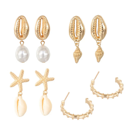 Bohemia Muschel Seestern baumelnde Ohrring-Set für Damen Sommer Strand Perle Muschel Tropfen Geometrische Ohrringe Mädchen Mode Schmuck