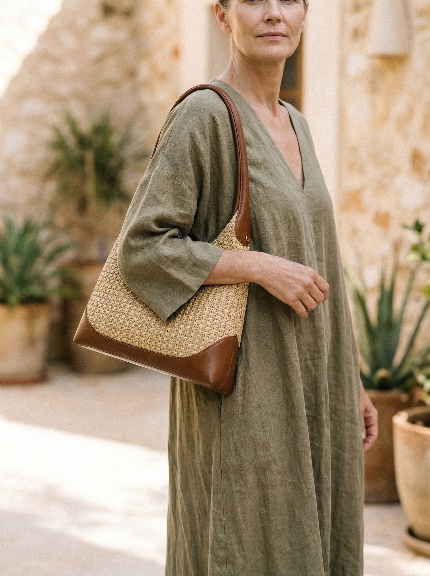 Handgefertigte, gewebte Colorblock-Beuteltasche für mühelosen Küsten-Look