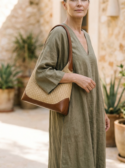 Handgefertigte, gewebte Colorblock-Beuteltasche für mühelosen Küsten-Look