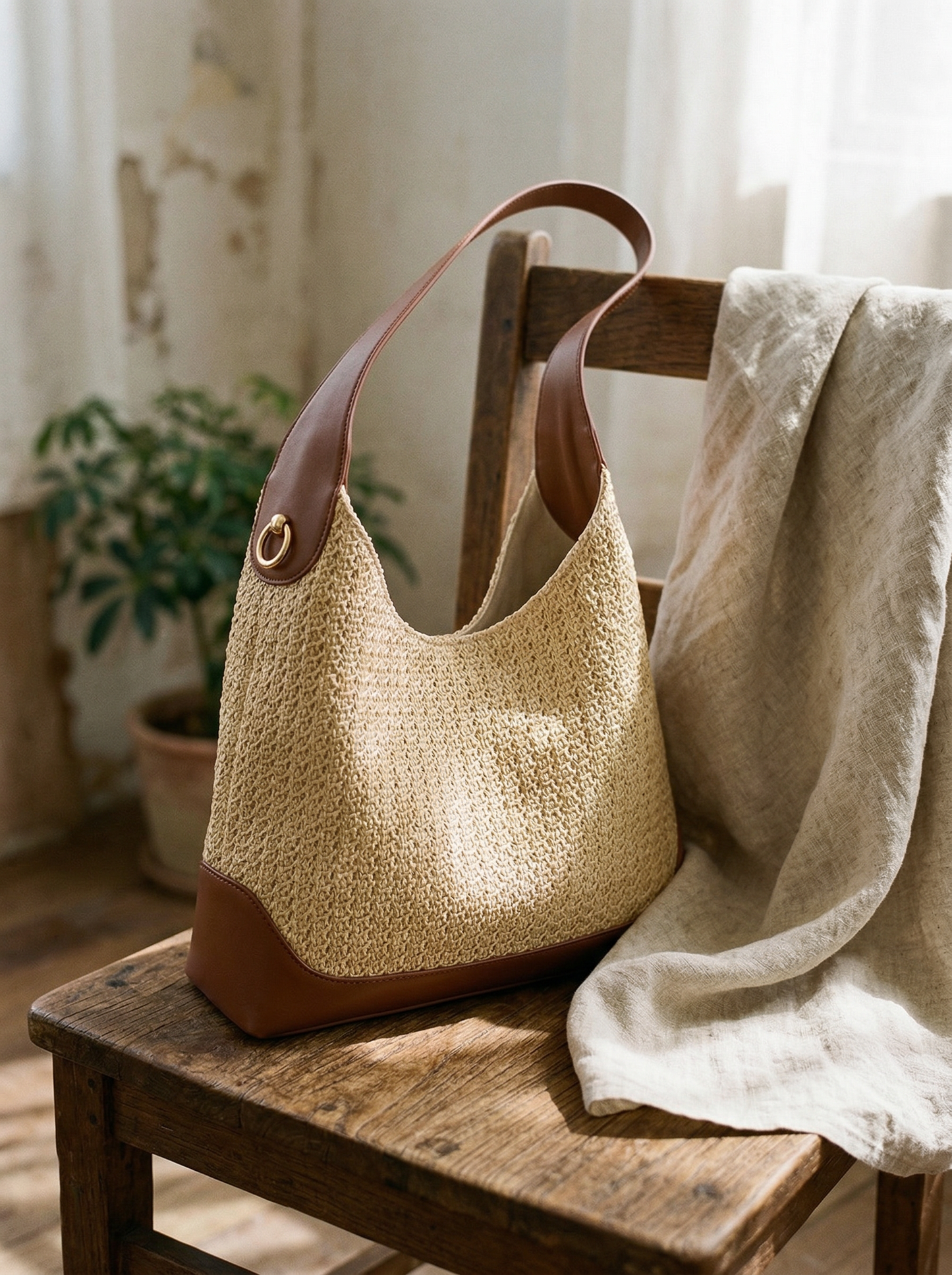 Handgefertigte, gewebte Colorblock-Beuteltasche für mühelosen Küsten-Look
