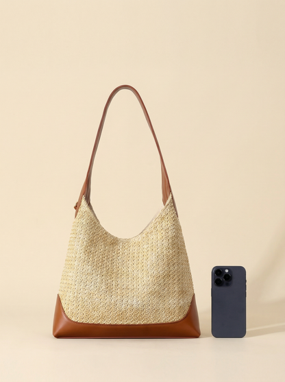 Handgefertigte, gewebte Colorblock-Beuteltasche für mühelosen Küsten-Look