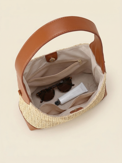 Handgefertigte, gewebte Colorblock-Beuteltasche für mühelosen Küsten-Look