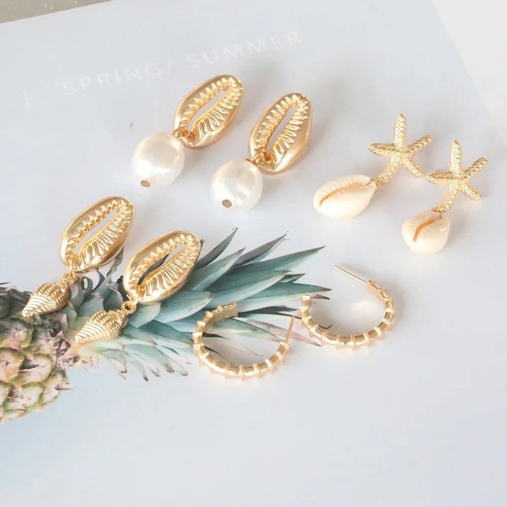 Bohemia Muschel Seestern baumelnde Ohrring-Set für Damen Sommer Strand Perle Muschel Tropfen Geometrische Ohrringe Mädchen Mode Schmuck