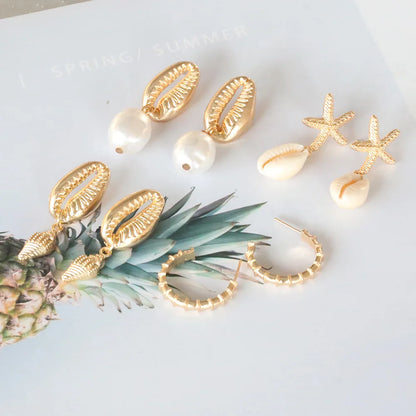 Bohemia Muschel Seestern baumelnde Ohrring-Set für Damen Sommer Strand Perle Muschel Tropfen Geometrische Ohrringe Mädchen Mode Schmuck