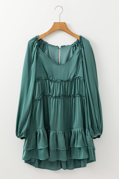 Mist Green Tiered Ruffled Mini Dress with flowing silhouette and puff sleeves