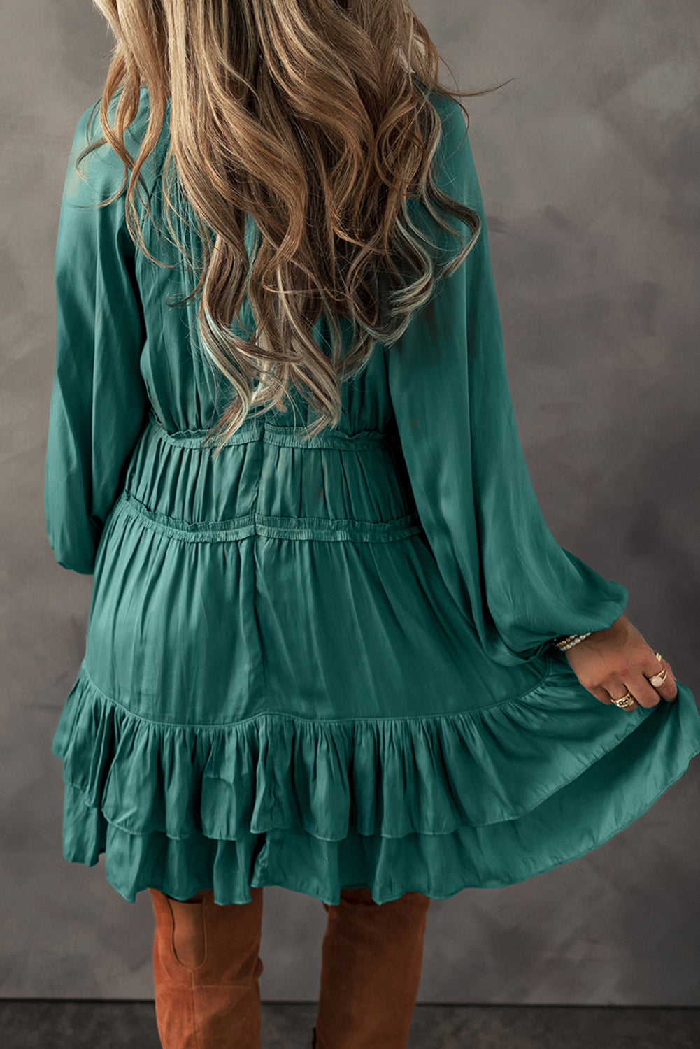 Mist Green Tiered Ruffled Mini Dress with flowing silhouette and puff sleeves