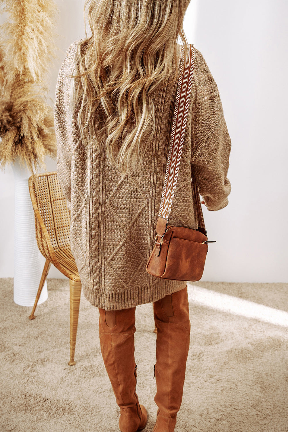 Parchment Cable Knit Sweater Dress with drop shoulder and relaxed fit