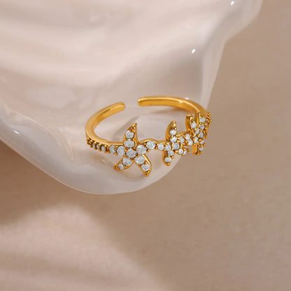 Ocean Starfish Shell Open Rings For Women Gold Color Stainless Steel Ring Summer Beach Aesthetic Waterproof Jewelry Gift