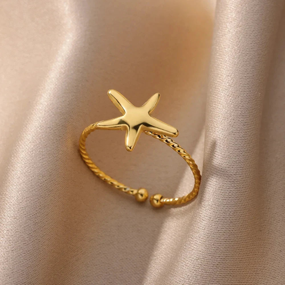 Ocean Starfish Shell Open Rings For Women Gold Color Stainless Steel Ring Summer Beach Aesthetic Waterproof Jewelry Gift