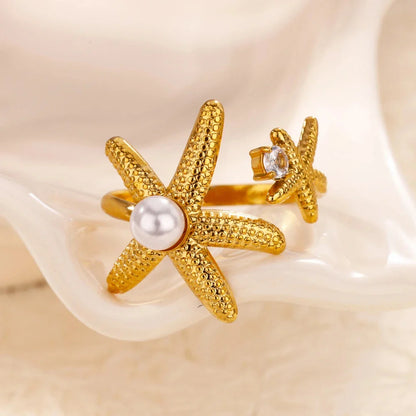 Ocean Starfish Shell Open Rings For Women Gold Color Stainless Steel Ring Summer Beach Aesthetic Waterproof Jewelry Gift