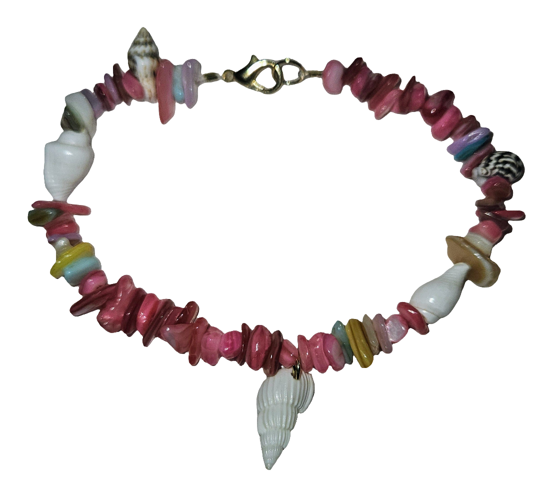 Multicolored shell and bead bracelet on a white background