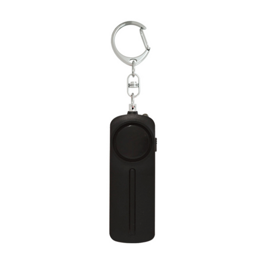 Compact safety alarm keychain in pink and black for personal security