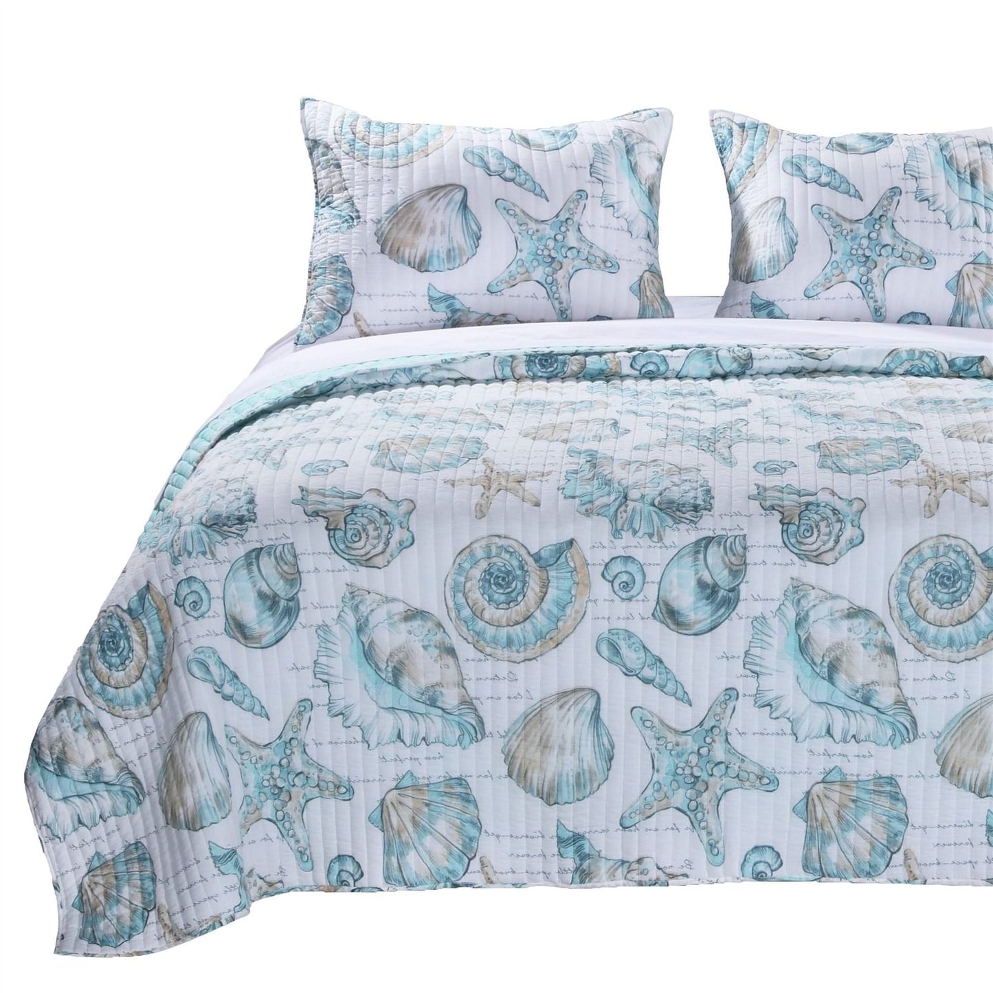 Twin Coastal Seashells White Teal 2 Piece Polyester Reversible Quilt