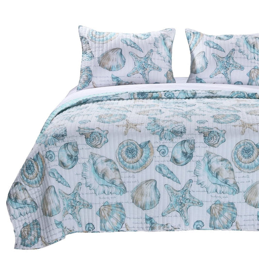 Twin Coastal Seashells White Teal 2 Piece Polyester Reversible Quilt