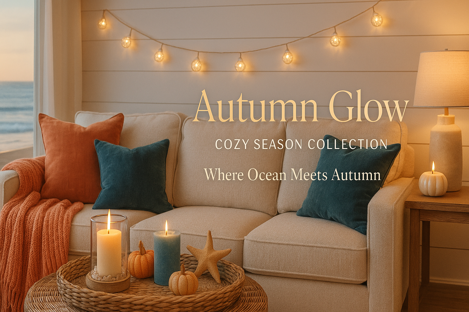 Autumn coastal banner showing cozy living room with ocean-inspired fall decor and elegant text overlay