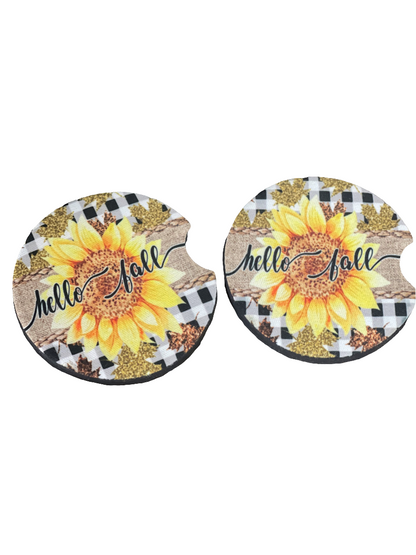 Hello Fall Sunflower Neoprene Car Coaster Set