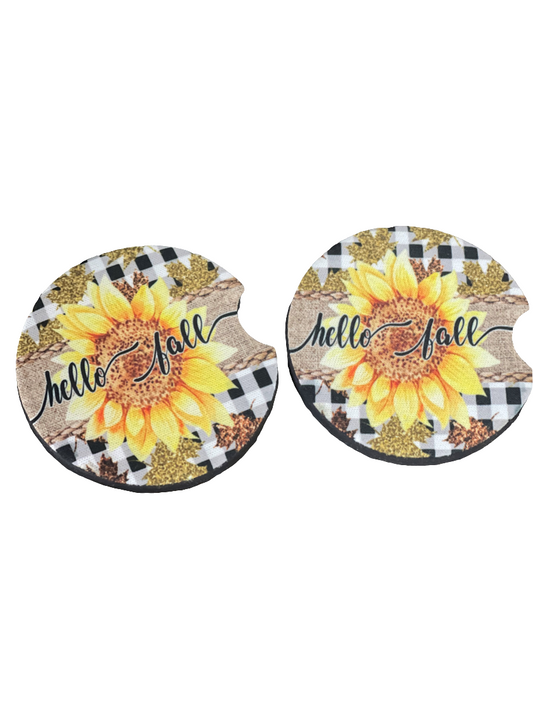 Hello Fall Sunflower Neoprene Car Coaster Set