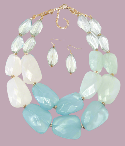 Coastal multi color Facet Resin Double chain necklace with earrings